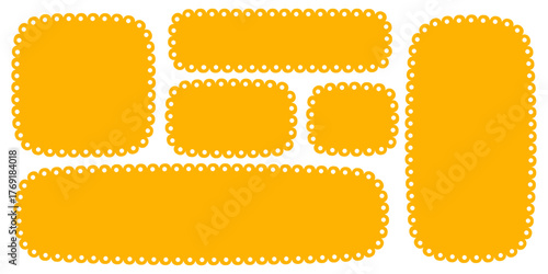 Scallop rectangle shapes. Wavy edge vector boxes for text and photo. Simple elements for banner design. Frill cute figures and patches.