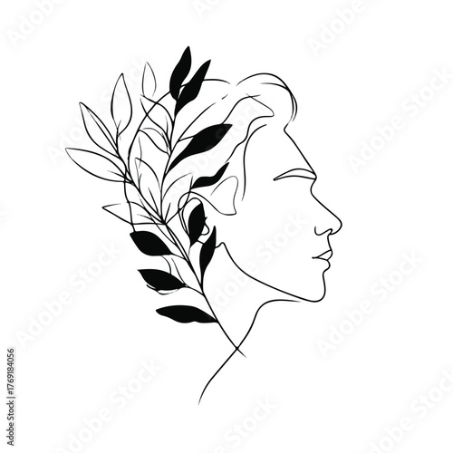 Sculptural male profile with botanical elements