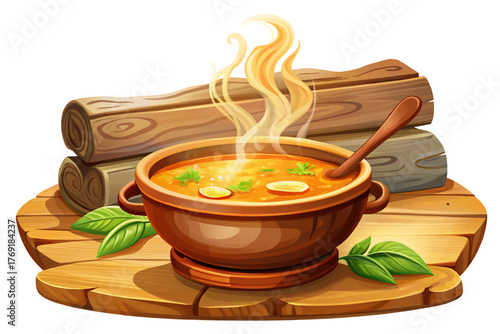 Hot soup with steam rising in cozy wooden kitchen representing comfort during cold season