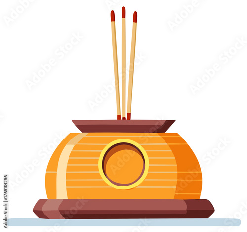 Incense burner with sticks, offering for deities, vector illustration of Buddhist tradition