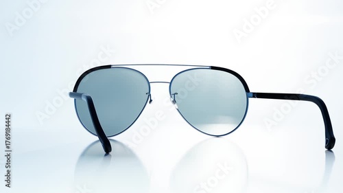 Stylish sunglasses with polarized lenses on blue sky with moving sun light.