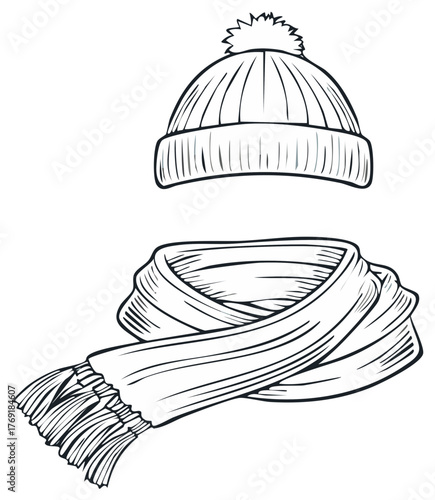 Winter knitted beanie hat with a pompom and a warm folded scarf line art illustration for cold weather