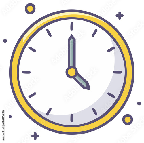Graphic cartoon-style clock face with hour and minute hands for timekeeping and schedules, symbol for punctuality and reminders