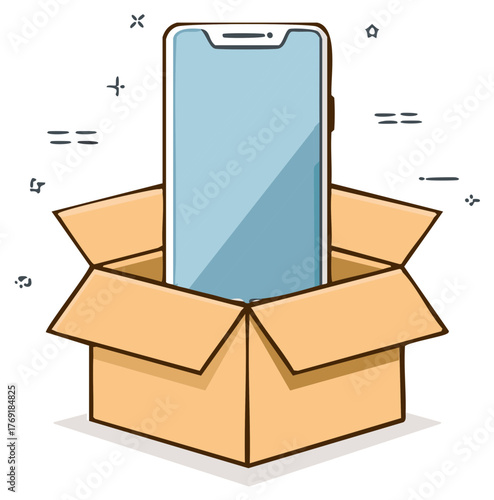Cartoon drawing of a new smartphone in an open cardboard box representing unboxing and online shopping