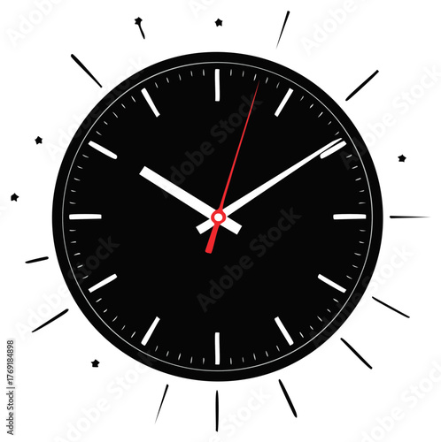 Modern black analog clock face with red second hand and starburst accents