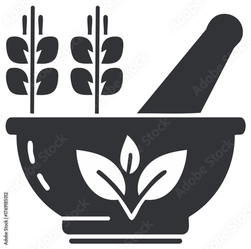 Herbal Mortar and Pestle with Sprout and Leaves Icon symbolizing organic health and wellness