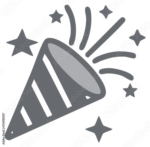 Celebration party popper exploding confetti icon with festive stars and bursting streamers design