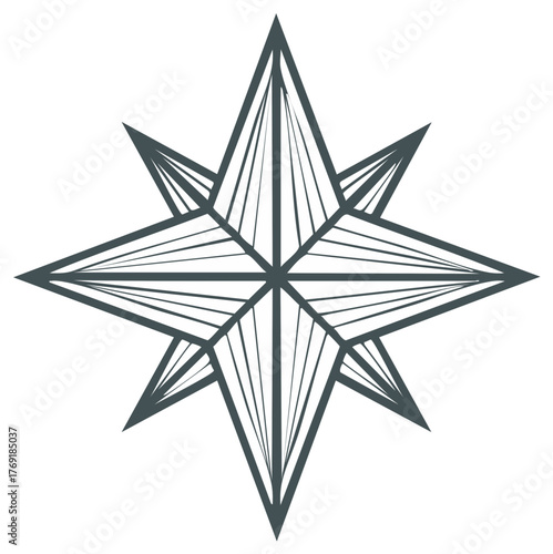 Minimalist eight pointed star icon with geometric linear design. Abstract compass rose or windrose vector symbol.