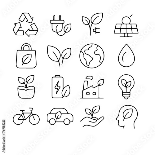A collection of environmentally friendly icons representing sustainability and eco-consciousness. The icons showcase concepts of recycling, renewable energy, and eco-friendly practices