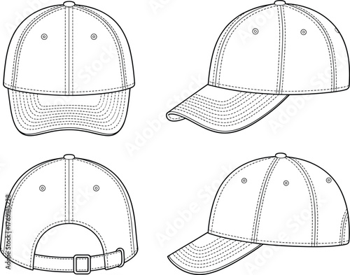 Baseball cap technical flat sketch, adjustable strap hat front and back view, vector fashion illustration