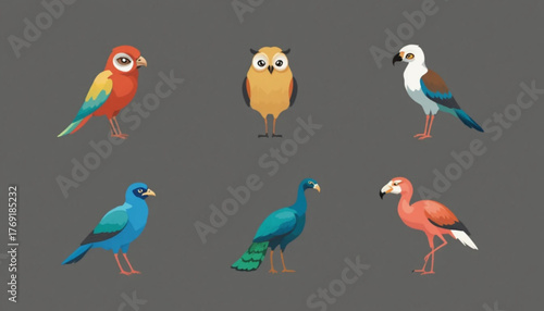 A set of flat colored bird icon illustrations With plain background