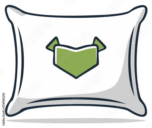 White pillow with a green shield emblem icon. Cartoon vector illustration of a comfortable cushion for sleep or home decor.