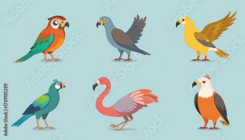A set of flat colored bird icon illustrations With plain background