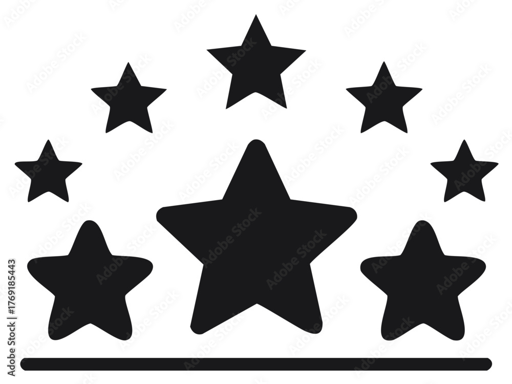 Obraz premium Set of flat black star icons arranged in an arc symbolizing rating, review, and success
