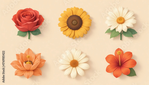 A set of flat colored flower variant icon illustrations With a plain background 