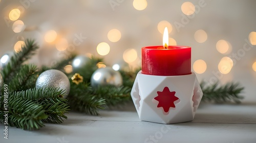 Red Candle with Christmas Ornaments and Pine Branches – Cozy Elegant Holiday Decoration