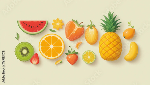 A set of flat colored fruit icon illustrations with plain background. 