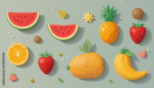 A set of flat colored fruit icon illustrations with plain background. 