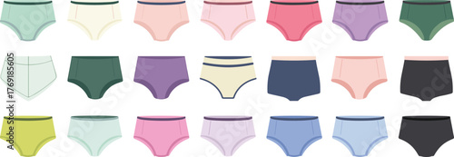 Baby underwear vector collection, kids briefs and panties fashion flat set, colorful toddler underwear mockup, clothing CAD template