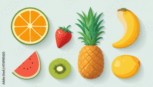 A set of flat colored fruit icon illustrations with plain background. 