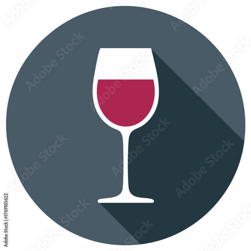 Red wine glass icon in a flat design style with a long shadow on a circular background
