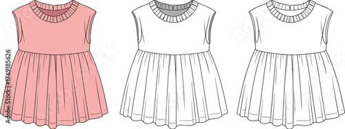 Baby sleeveless gathered dress flat sketch, kids fashion CAD template, toddler outfit vector, cute flared dress fashion flat