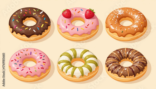 A set of flat colored donut illustrations with various toppings on a plain background. 