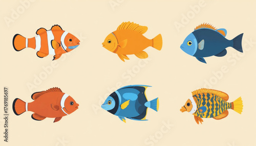 A set of flat colored sea fish illustrations on a plain background. 