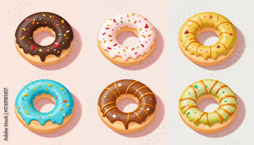 A set of flat colored donut illustrations with various toppings on a plain background. 
