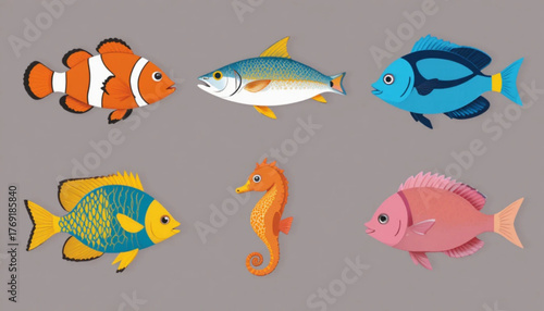 A set of flat colored sea fish illustrations on a plain background. 