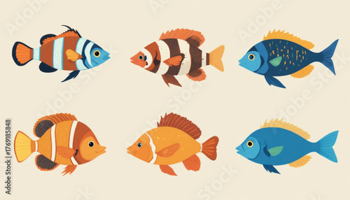 A set of flat colored sea fish illustrations on a plain background. 