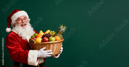 Jolly Santa Claus offering a basket of fresh fruit on green background. Christmas fruit delivery concept