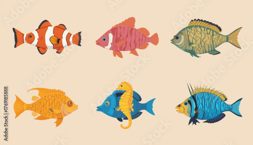A set of flat colored sea fish illustrations on a plain background. 