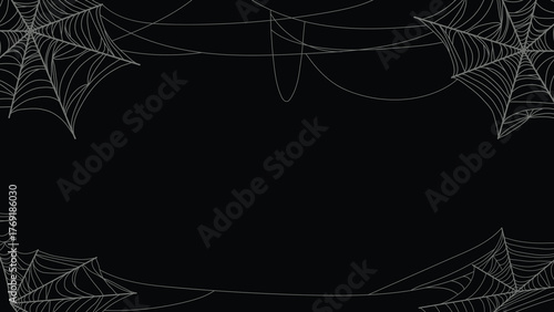 Halloween spider web on black background. Scary hanging trap for holiday frame isolated on black background. Halloween vector frame.