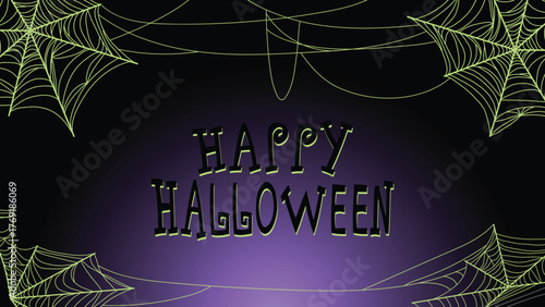 Happy Halloween Background with Glowing Spider Webs and Dark Purple Gradient – Festive Halloween Night Design for Celebration and Party Invitations.