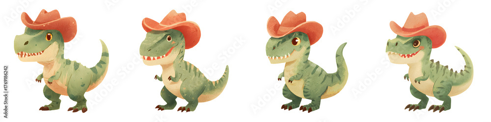 Fototapeta premium Watercolor cowboy T-rex, illustration set isolated on transparent background