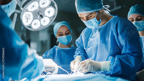 Surgeons in sterile operating room perform focused liposuction procedure under bright surgical lights, wearing blue scrubs and masks