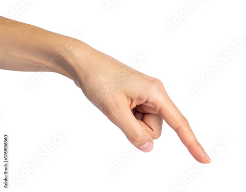 Studio photograph of a woman's hand pointing down with the index finger, isolated on a white background