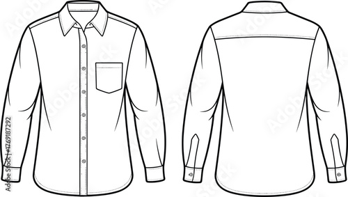 Men’s long sleeve shirt front and back view, button down design, vector fashion flat sketch illustration