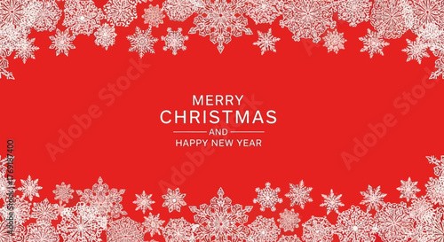 Festive Christmas and Happy New Year card with snowflakes on a red background