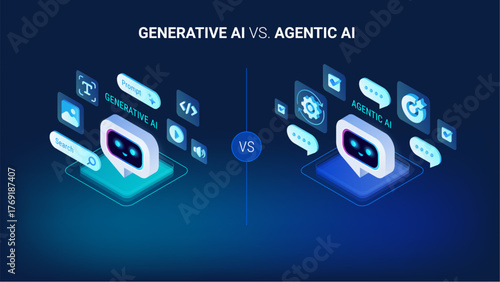 Generative AI and Agentic AI comparison - isometric modern vector illustration