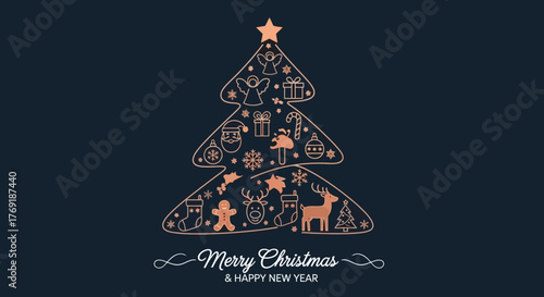 Holiday Season Minimalist Christmas Tree Illustration with Festive Elements
