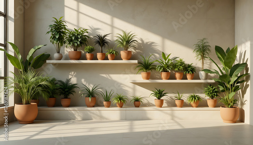 Minimal indoor shelf arrangement with terracotta pots lush house plants and light