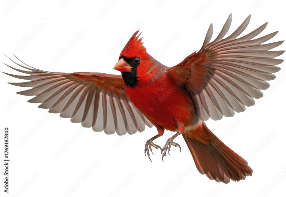 Fototapeta premium Red cardinal bird flying with outstretched wings, isolated on a transparent background, PNG image.