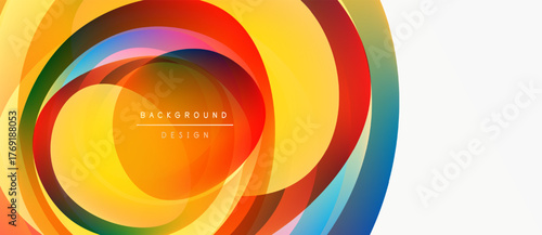 Abstract colorful layers create dynamic circular design. Bright hues blend, forming vibrant background element. Modern, energetic composition.