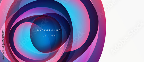 Abstract colorful layers create dynamic circular design. Modern gradients, vibrant hues, minimalist aesthetic. Background features text elements.