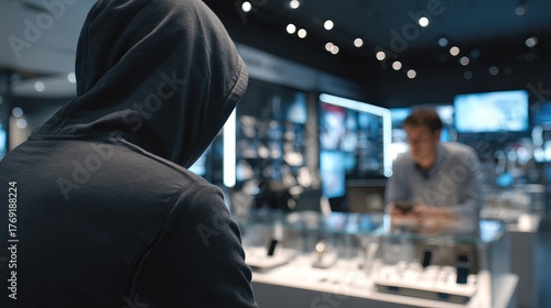 Suspicious figure in hoodie observes electronics store display with blurred shopper in background, conveying unease and potential threat.
