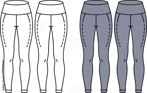 Women's high waist leggings front view, fashion flat sketch, yoga pants design, fitness apparel vector illustration
