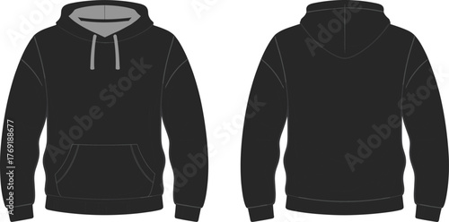 Black hoodie vector mockup front and back view, blank unisex sweatshirt template, streetwear apparel design CAD flat sketch illustration