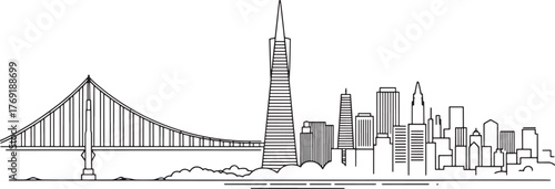 San Francisco City Skyline Silhouette Illustration Minimalist Black Line Drawing Isolated View
